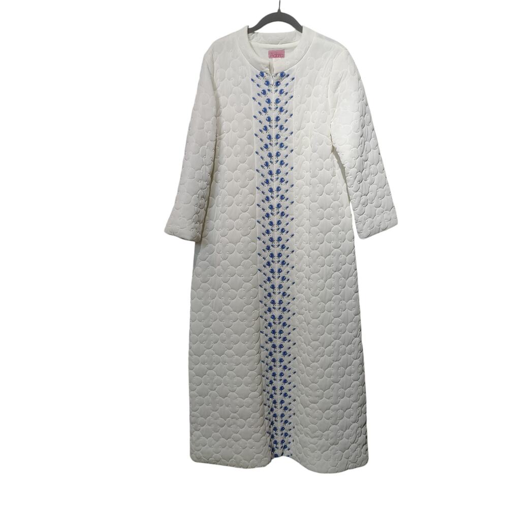Vintage 60s 70s Adoria Sz M Embroidered Quilted Long House Coat Robe Zip Up Robe